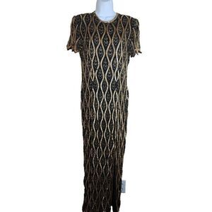 Vintage Stenay Black Gold Beaded Sequin Silk Dress Sz 6 Maxi Elegant Gatsby